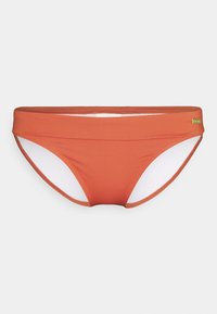 Πορτοκαλί μπικίνι κάτω μέρος με λεία υφή, χαμηλή σχεδίαση και αντίθετο λευκό εσωτερικό φόδρας. Περιλαμβάνει διακριτική χρυσή λεπτομέρεια.