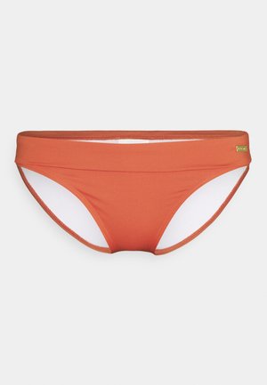 Orange bikini bottom featuring a smooth texture, a low-rise design, and contrasting white inner lining. Includes subtle gold hardware detail.