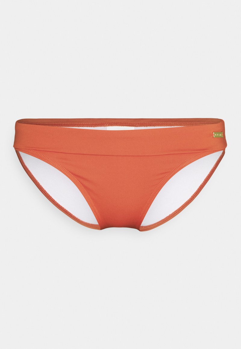 Oranžni bikini spodnji del s gladko teksturo, nizkim krojem in kontrastno belo notranjo podlogo. Vključuje subtilne zlate detajle.