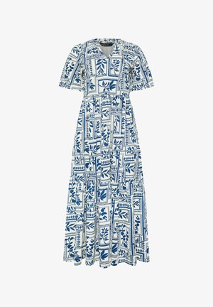 Robe maxi blanche à manches courtes avec des imprimés botaniques bleus dans des rectangles encadrés, un décolleté en V et une taille froncée.