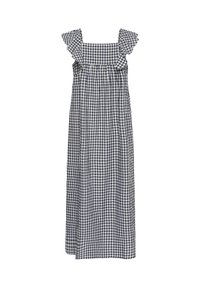 Robe maxi sans manches à carreaux bleu marine et blanc, col carré et bretelles à volants.