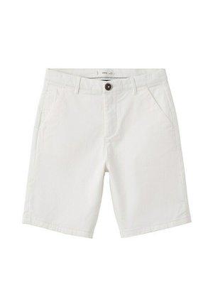 Weiße Freizeithosen mit Vordertaschen, Gürtelschlaufen und Einzelknopfverschluss am Bund, dargestellt auf einem einfarbigen Hintergrund.