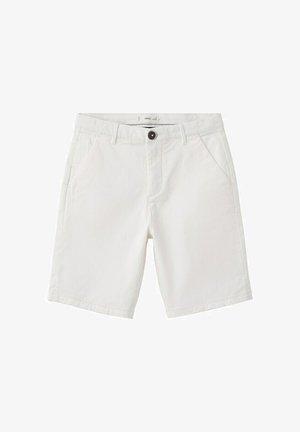 Weiße Freizeithosen mit Vordertaschen, Gürtelschlaufen und Einzelknopfverschluss am Bund, dargestellt auf einem einfarbigen Hintergrund.