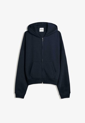 Námorně modrá zkrácená mikina s kapucí vyrobená z měkké látky. Má přední zip, velké přední kapsy a kapuci s tkaničkou. Jednoduchý design.