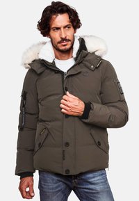 Olive green puffer jacket with a removable faux fur hood, zip and button closure, multiple pockets, and ribbed cuffs.