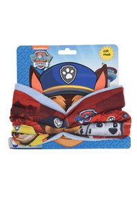 Maschera regalo della Paw Patrol realizzata in morbido tessuto, con un design multicolore che presenta vari personaggi, tonalità di rosso e blu, e un bordo blu in peluche.