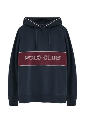 Felpa con cappuccio blu navy realizzata in misto cotone, con scollo a mezza zip, banda bordeaux sul petto con la scritta "POLO CLUB" e rifiniture a contrasto.