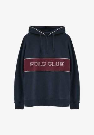 Felpa con cappuccio blu navy realizzata in misto cotone, con scollo a mezza zip, banda bordeaux sul petto con la scritta "POLO CLUB" e rifiniture a contrasto.