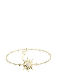 Bracciale in oro con un design a raggi di sole, dotato di un cristallo trasparente centrale, catena collegata e un fermo regolabile con un etichetta.