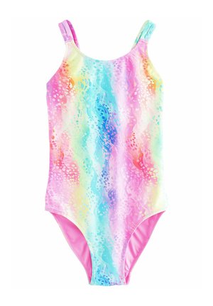 Buntgestreifter Einteiler-Badeanzug mit einem welligen Pastellmuster, ausgestattet mit pinken Trägern und einer pinken Innenauskleidung. Glatte Stofftextur.