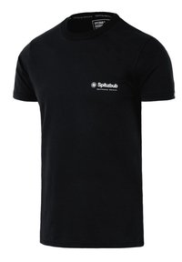 Black short-sleeve cotton t-shirt featuring a small white logo on the left chest area. Classic crew neck design with a smooth texture.