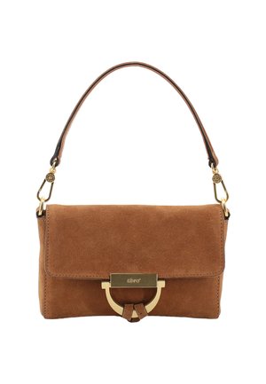 Brown suede clutch with a gold-tone hardware closure and a detachable shoulder strap. Features a smooth texture and rectangular shape.