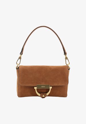 Brown suede clutch with a gold-tone hardware closure and a detachable shoulder strap. Features a smooth texture and rectangular shape.
