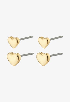 Arany szív alakú fülbevalók fényes felülettel, fém rögzítőkkel. A készlet négy pár fülbevalót tartalmaz.