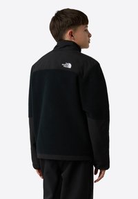 Schwarze Fleecejacke mit strukturiertem Körper, glatten schwarzen Ärmeln und hohem Kragen. Auf der Rückseite befindet sich das Logo von The North Face.