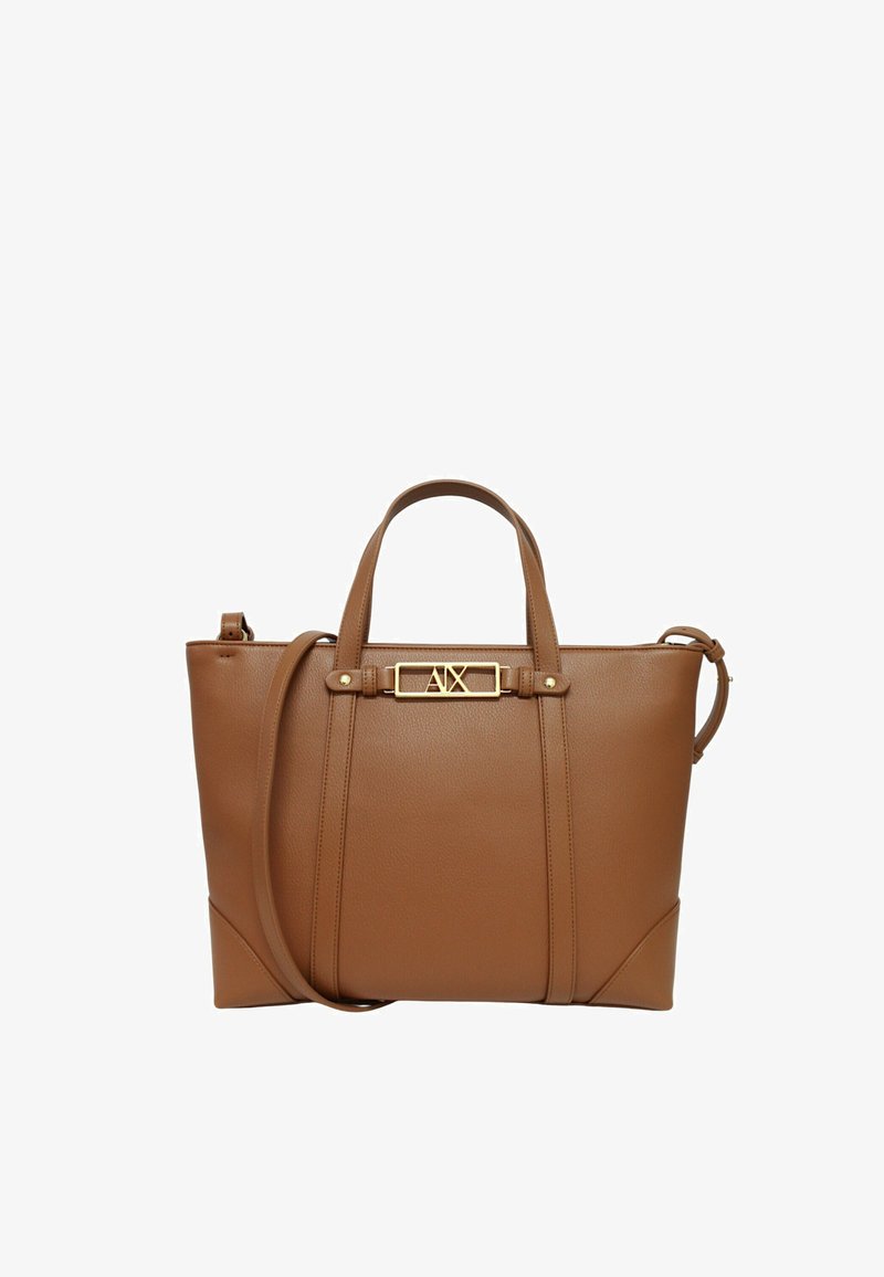Sac à main en cuir marron avec deux poignées, une bandoulière amovible et une plaque logo AX dorée sur le devant.