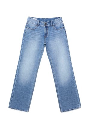 Jeans in denim azzurro chiaro con gambe larghe, chiusura frontale con bottoni, passanti per cintura e aree scolorite su cosce e ginocchia.