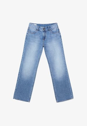 Hellblaue Jeans aus Denim mit weitem Bein, vorderer Knopfverschlusst, Gürtelschlaufen und ausgewaschenen Stellen an Oberschenkeln und Knien.