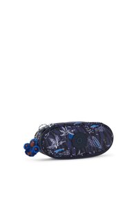 Astuccio ovale blu con stampa floreale e animale, tessuto testurizzato e ciondolo peloso blu. Presenta una chiusura con zip e un dettaglio logo.
