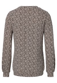 Maglia a maniche lunghe beige con una stampa astratta nera, caratterizzata da un colletto rotondo e polsini aderenti. Tessuto morbido e liscio in tutta la composizione.