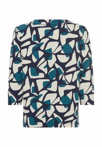 Maglietta a maniche lunghe in tessuto texturizzato, con una base blu navy e forme astratte bianche e teal. Collo rotondo, vestibilità casual.