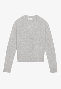 Pelēks džemperis, kas izgatavots no mīksta materiāla, ar V-veida kakla izgriezumu, piecām pogām priekšpusē un ribotām piedurknēm un apakšmalu.