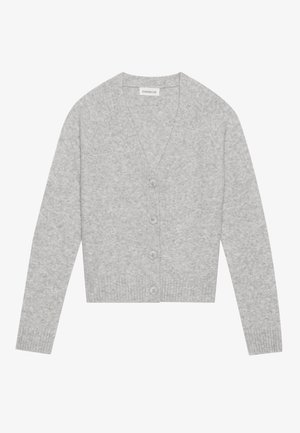 Cardigan cinza feito de material suave, com decote em V, cinco botões à frente e punhos e bainha canelados.