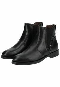 Black leather ankle boots with a sleek design, elastic side panels, and decorative studs on one side. Rounded toe and low block heel.