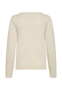 Pull beige clair à manches longues avec un design simple à col rond. Texture douce et poignets côtelés, sans motifs visibles ni accents. Vue de dos.