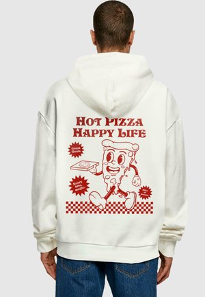 White hoodie with a large red graphic featuring a cartoon pizza character, text "Hot Pizza Happy Life," and checkered border on the back.