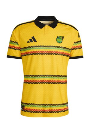 Gelbes Fußballtrikot mit schwarzem Kragen, schwarzem Adidas-Logo, Wappen der Jamaica Football Federation und roten, grünen, schwarz gemusterten horizontalen Streifen.