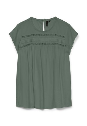 Light green blouse with short sleeves, lace detailing at the chest, and a keyhole back. Made from a flowy fabric with a relaxed fit.