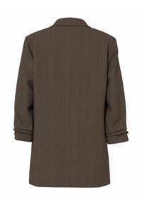 Blazer marron à rayures fines avec un col cranté, manches longues retroussées au niveau des poignets et une silhouette carrée. Texture de tissu lisse.