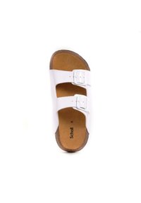 Sandalo bianco a due cinturini con fibbie metalliche regolabili, soletta in sughero e suola marrone texturizzata. Nome del brand "Scholl" sulla soletta.