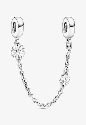 Silberne Kettenarmband mit zwei floralen Akzenten und einem zentralen Stein, polierte Oberfläche und glatte Fassungen an beiden Enden.