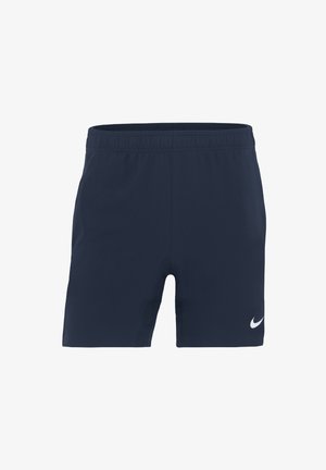 Dunkelblaue Sportshorts aus leichtem Material. Mit einem elastischen Bund und einem weißen Nike-Logo auf der unteren linken Seite.
