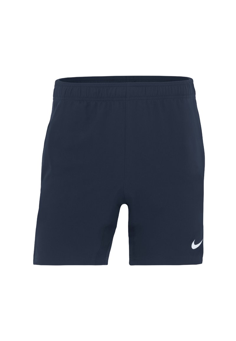 Dunkelblaue Sportshorts aus leichtem Material. Mit einem elastischen Bund und einem weißen Nike-Logo auf der unteren linken Seite.