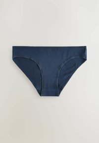 Marineblauwe katoenen onderbroek met een gladde textuur, rekbare stof en elastische randen. Klassieke stijl zonder patronen of accenten.