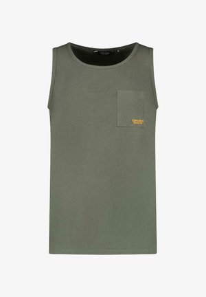 Olijfgroene tanktop van katoen, met een ronde halslijn, een borstzak en gele geborduurde tekst aan de linkerkant.