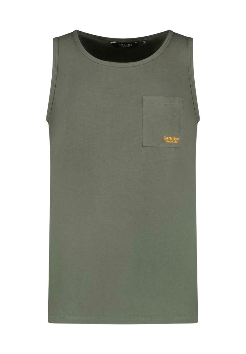 Olijfgroene tanktop van katoen, met een ronde halslijn, een borstzak en gele geborduurde tekst aan de linkerkant.