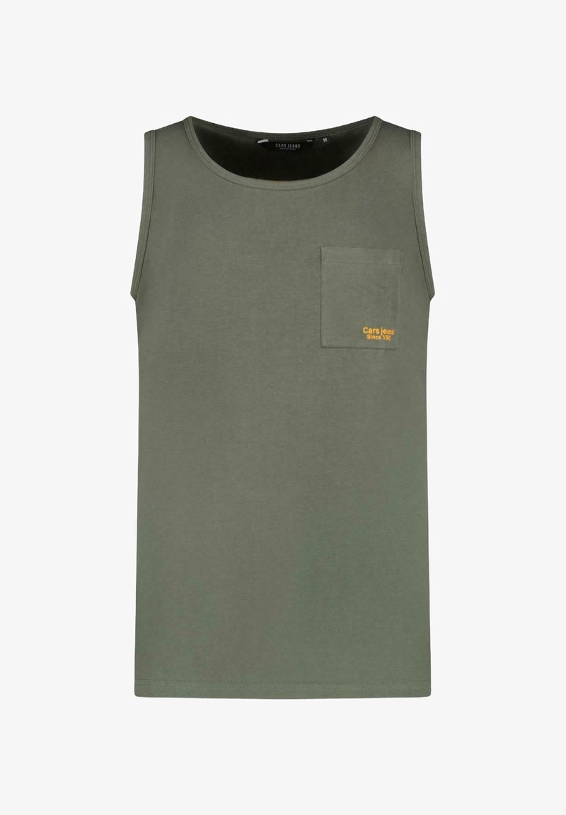 Olijfgroene tanktop van katoen, met een ronde halslijn, een borstzak en gele geborduurde tekst aan de linkerkant.