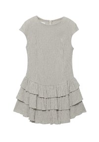 Szara i biała sukienka w kratę z krótkim rękawem, z falbankami na spódnicy i zamkiem z tyłu.