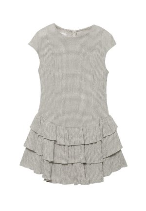 Grau-weiß kariertes Kurzarmkleid mit mehrlagigem Rüschensaumrock und Reißverschluss hinten.