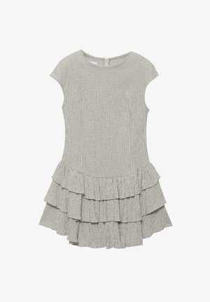 Rochie cu mânecă scurtă, în carouri gri și alb, cu fustă stratificată cu volane și fermoar la spate.