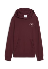 Bordeauxfarbener Kapuzenpullover mit einer Fronttasche und weißem Puma-Logo sowie dem Text "Puma Athletics Established 1948" auf der linken Brust.