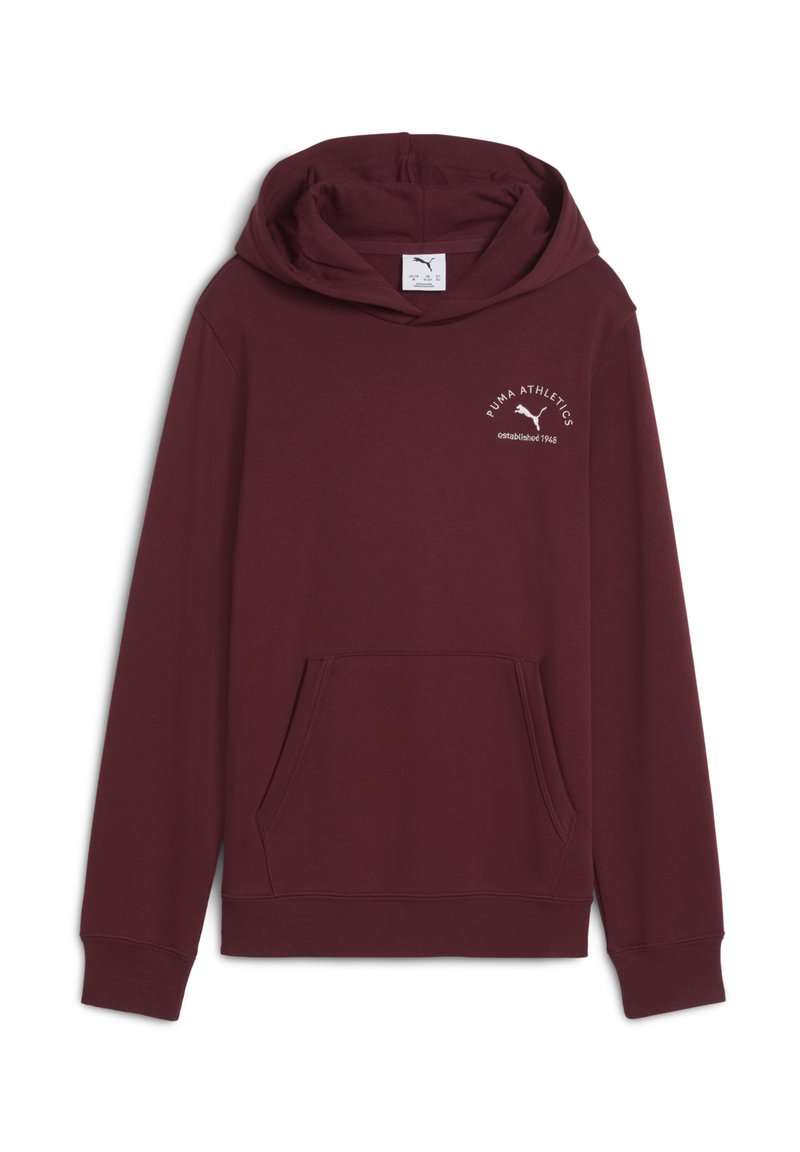 Bordeauxfarbener Kapuzenpullover mit einer Fronttasche und weißem Puma-Logo sowie dem Text "Puma Athletics Established 1948" auf der linken Brust.