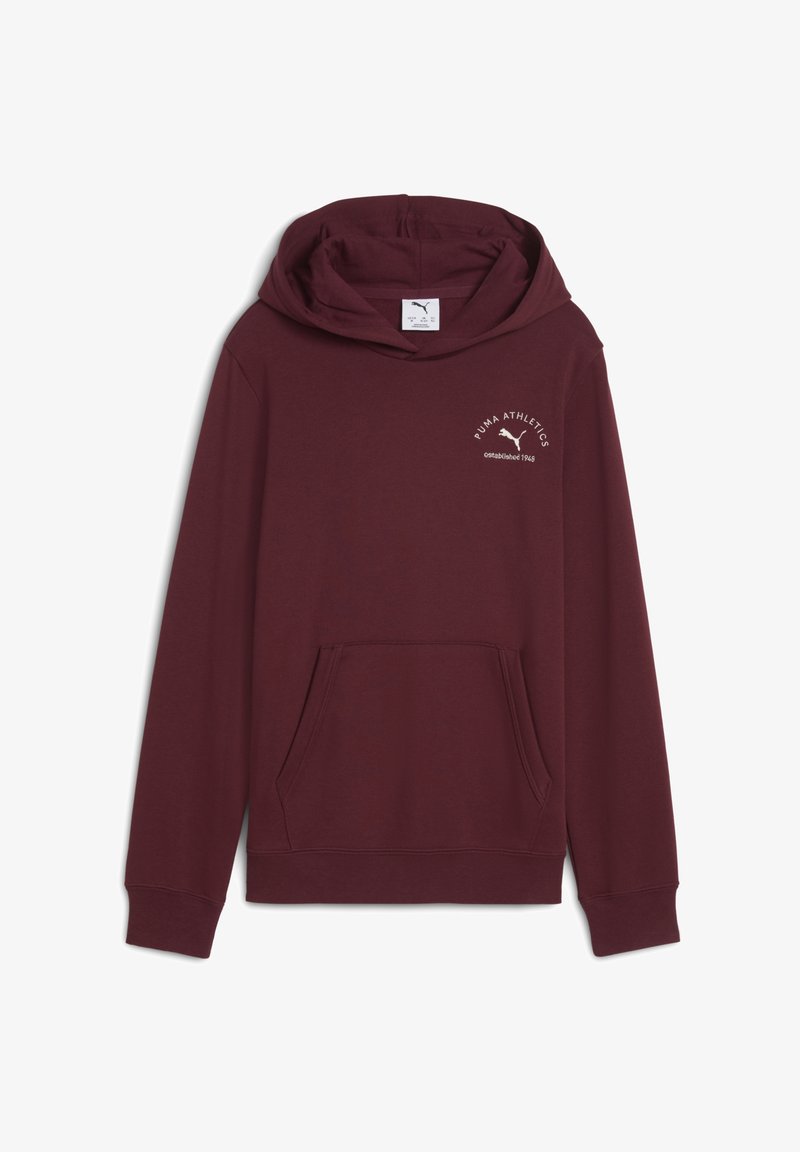 Bordeauxfarbener Kapuzenpullover mit einer Fronttasche und weißem Puma-Logo sowie dem Text "Puma Athletics Established 1948" auf der linken Brust.