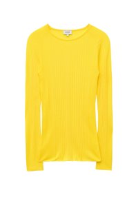 Haut jaune à manches longues en maille côtelée avec un col rond, présenté à plat sur fond blanc.