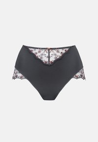 Hochgeschnittene schwarze Panty mit floraler Spitzenverzierung, die einen gewellten Rand hat und vorne in der Mitte mit einer kleinen dekorativen Schleife versehen ist.