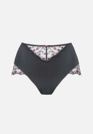 Panty nera a vita alta con bordi in pizzo floreale, caratterizzata da un orlo smerlato e un piccolo fiocco decorativo al centro davanti.